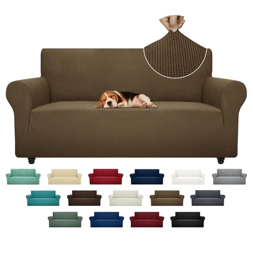 ZNSAYOTX Super Stretch Couch Cover (72"-92") Universal Sofa Covers with Elastic Bottom, Dog Cat Pets Friendly Washable Furniture Protector Fitted Sofa Slipcovers Stay in Place (Brown, Sofa)