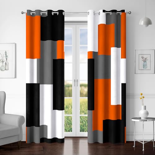 Tyrot Orange 100% Blackout Curtains for Bedroom 72 inch Length 2 Panels Set White Grey Modern Abstract Geometric Black Out Curtains Insulated Room Darkening Window Drapes for Living Room, 52