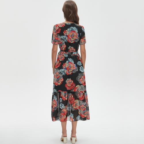 Image of Women's Summer Bohemian Floral Chiffon Dress Cap Sleeve V Neck Ruffle Long Flowy Boho Casual Vacation Dresses
