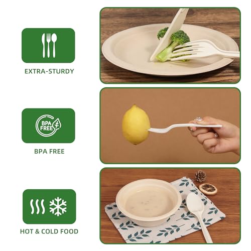FEHHTO 100% Compostable Cutlery Set,150pcs (50 Forks,50 Spoons,50 Knives) Disposable Cornstarch Utensils Heavy Duty BPI Certified Eco-Friendly Party Supplies No Plastic, Ivory White