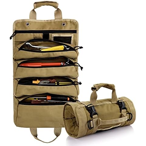 Koolertron Roll Up Tool Bag Organizer, Multi Tool Wrench Roll Tool Storage Bag, 4 Zippers Waterproof Canvas Roll Tool Pockets Bag for Mechanic/Electrician, Tool Roll Pouch Cover