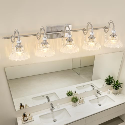 Image of Brushed Nickel Bathroom Vanity Light, 5-Light Nickel Finish Wall Sconce with Hanging Crystal Accents and Flower-Shaped Clear Glass Shades, Modern Wall Mount Vanity Light Over Mirror for Bathroom