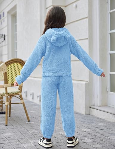Image of Arshiner Girls 2 Piece Outfits Sweatsuit Fuzzy Long Sleeve Bear Ear Hoodie Sweatshirt and Sweatpant Kids Clothing Sets