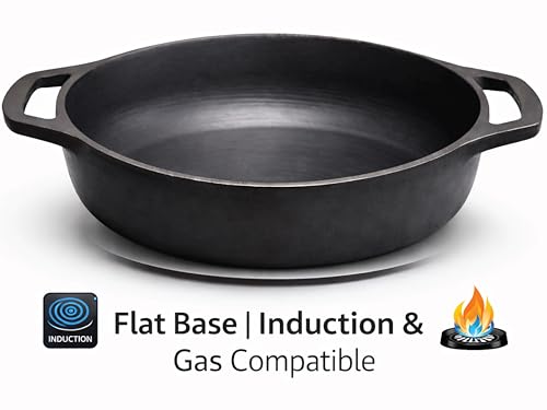 Image of Cast Iron Kadhai 26 cm Pre-Seasoned | Flat Base Iron Kadai for Deep Frying, Sabzi & Curries | Heavy Cast Iron Cookware