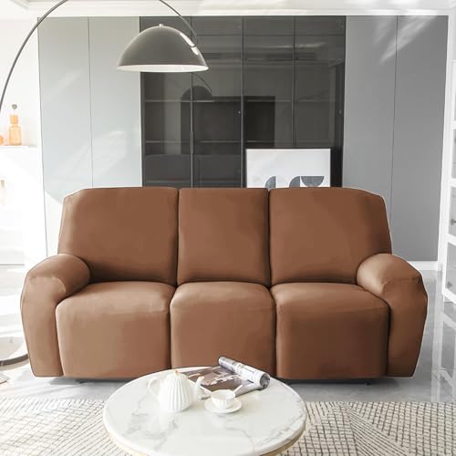 Image of HOKIPO 'SereneSolids' 140 GSM Recliner Stretch Sofa Slipcover 3 Seater Fully Covered 8-Piece Set Machine Washable Furniture Protector with Elasticity for Kids Pet, Brown (NEW-AR-4742-BR)