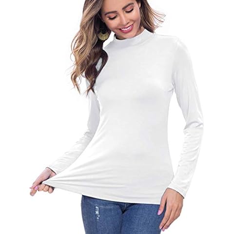 VOBCTY White Long Sleeve Tops for Women Casual Base Layer Slim Fitted Mock Neck T-Shirts White Large Cover