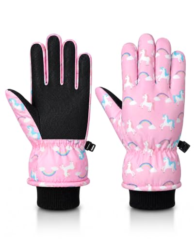 Image of Geyoga Kids Waterproof Winter Snow Ski Gloves | for Boys Girls, Warm Lining, Non-slip PU Leather Palm, Elastic Cuff with Adjustable Strap, for Outdoor Cold Weather