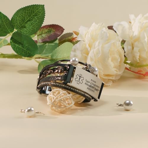 Medical Bracelets Boho Leather Pearl ID Bracelet for Women Multilayer Wrap Dressy Cute Strap with Adjustable Metal Clasp Seizure Wristband3