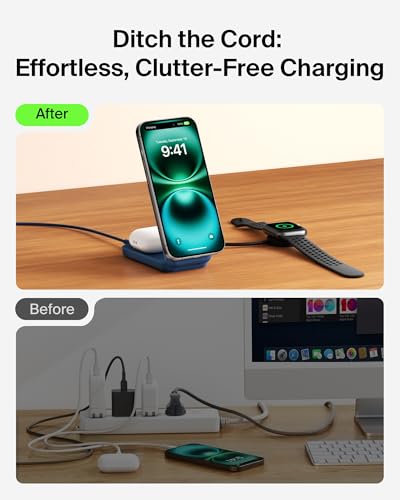 Image of Belkin MagSafe Charger, Compatible 2-in-1 Charging Station, Qi2.2 25W Magnetic Wireless Charger iPhone, Foldable Stand, with 5W USB-C Port, for iPhone 17 /16 /15, Pixel 10, AirPods, 45W Adapter Included