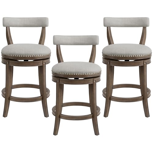 Image of ROME + OAK Ruxban 26 inch Counter Stool, Set of 3 Low Back Swivel Barstools in Weathered Oak Finish with Sand Fabric Upholstery Seat - Indoor Home Furniture
