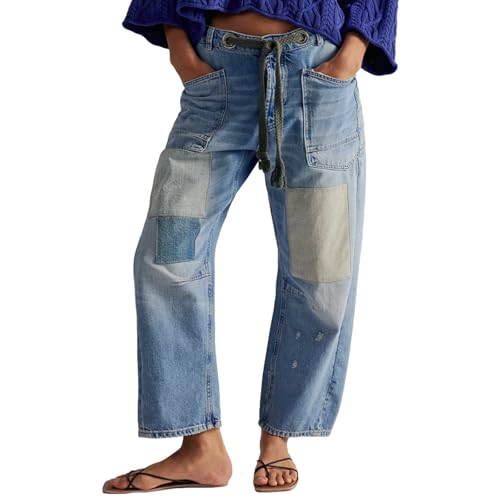 Winioder Baggy Barrel Jeans for Women Y2K Low Rise Wide Leg Drawstring Denim Pants Cute Color Block Patchwork Boyfriend Jeans