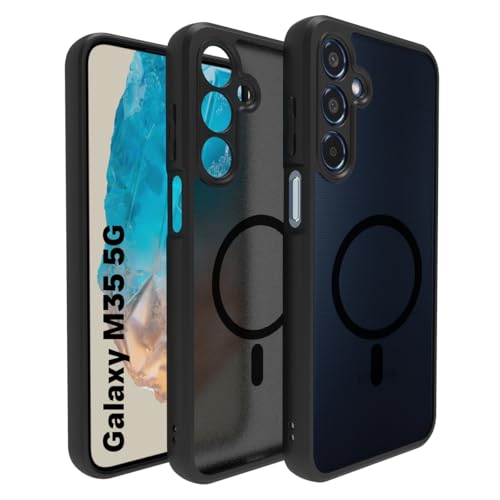 Image of RIGGEAR Shockproof Sleek Hybrid Armor Back Cover Case Compatible with MagSafe Accessories for Samsung Galaxy M35 5G (Smoke Black Matte PC + Black TPU Bumper)