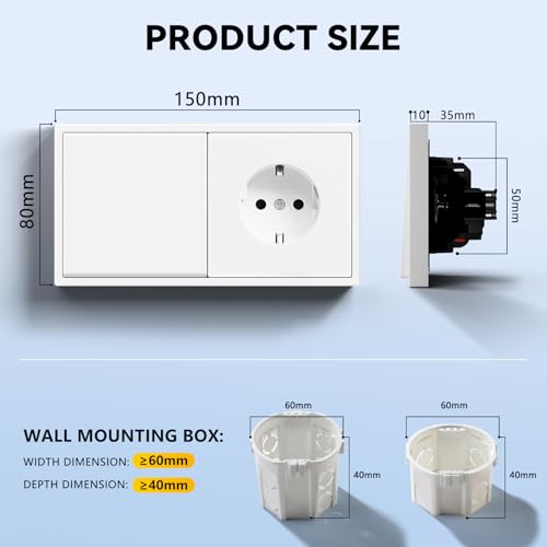 BSEED LIFE Lichtschalter mit Steckdose, 1 Fach 1 Weg Doppelt Lichtschalter Unterputz mit PC Rahmen，80 * 150mm Unterputz Steckdose mit Lichtschalter，Kabelklemmen & Krallen, Einfache Montage，Weiß