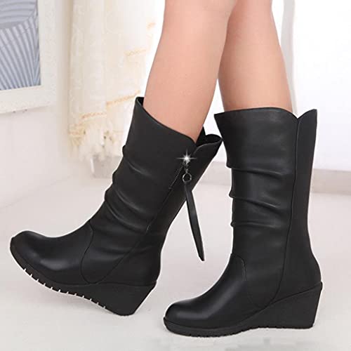 Hbeylia High Heels Boots For Women Ladies Fashion Casual Ruched Leather Round Toe Chunky Dress Pump Mid Calf Boots With Side Zipper Slouchy Motorcycle Riding Long Boots Winter Fall Dressy Tall Boot3