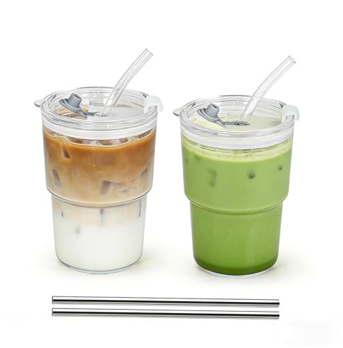 Icesip 15 oz Plastic Matcha Iced Coffee Cups with Lids and Straws Set of 2, Unbreakable Drinking Glasses Reusable Iced Coffee Glass to Go Cup for Tea Smoothie Juice Cup Dishwasher Safe