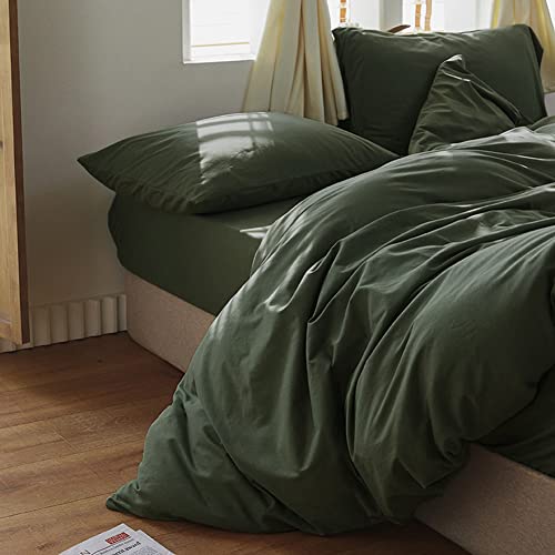 Mixinni MX022 STYLE7-Q 3 Pieces Green Duvet Cover Set Queen Size Army Green Bedding 100% Natural Washed Cotton 1 Duvet Cover 2 Pillowcases Ultra Soft thumb #2