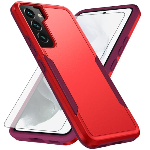 Asuwish Phone Case for Samsung Galaxy S22 5G with Tempered Glass Screen Protector Cover and Slim Thin Hybrid Full Body Protective Mobile Cell Accessories S 22 22S 4G G5 6.1 inch Women Men Red