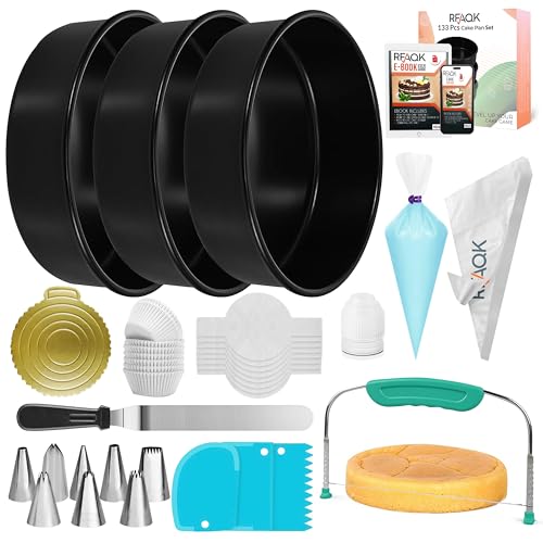 RFAQK 133PCs Round Cake Tins for Baking | Baking Tins Non Stick - 8 inch Cake Tin (x3) with Baking Accessories Piping Nozzles Cake Leveler Icing Spatula 35 Parchment Papers & eBook