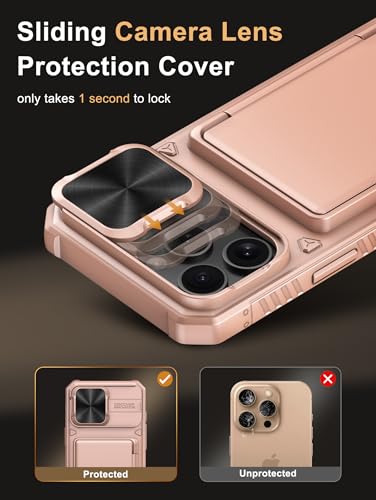 Image of Vihibii for iPhone 16 Pro Max Case Wallet with Card Holder (4 Cards) [RFID Blocking] & Slide Camera Cover, Military Grade Drop Protection, Rugged Back & Silicone Edge Phone Case, 6.9 inch 2024, Rose Gold