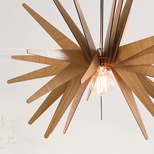Dezaart Modern Wood Pendant Light (20” Ø) –Oak Colored Mdf Light Shade / 1 Meter Cord Length / E27 Bulb – Modern Wood Chandelier – Statement Lighting For Home & Office #TOP1