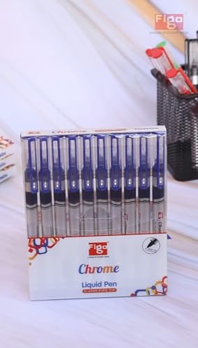 Image of Figo Chrome Liquid Roller Pen - 0.6mm Fine Pipe Tip, Smooth Writing, Quick Dry Ink - Pack of 10 Blue Ink Pens for Office, School & Home