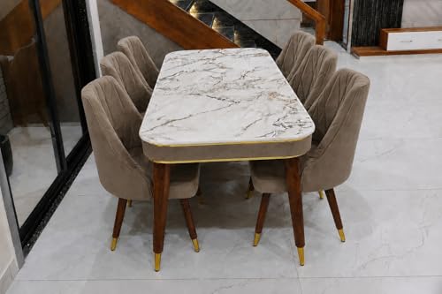 Image of WOODEN SPACE 6-Seater Wooden Dining Table Set | Nano Composite Marble Top | Solid Wood Base | Modern Dining Room Furniture with 6 Chairs (Brown Frontline)