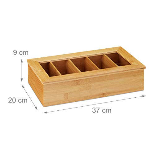 Relaxdays Tea Box, 5 Compartments, Organiser Chest, H x W x D: 9 x 37 x 20 cm, Bamboo, Natural - Image 4