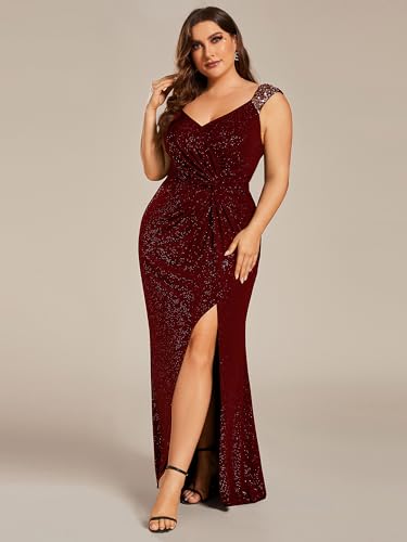 Image of Ever-Pretty Women's Glitter V Neck Sleeveless Plus Size Formal Dresses High Split Bodycon Prom Dress Evening Gowns
