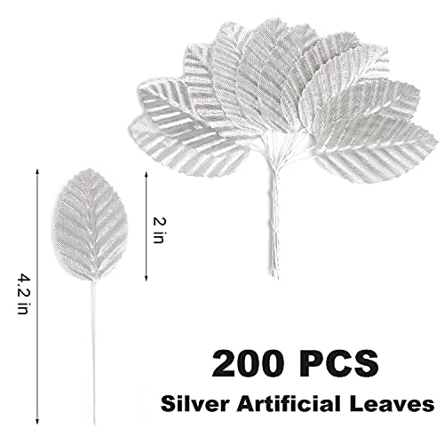 Sbyure Artificial Silk Leaf,200 Pieces Artificial Leaves Faux Wired Single Leaf For Flower Diy Home Decorative Bouquet Wreaths Wedding Decor Christmas Decorations (Silver) #TOP1
