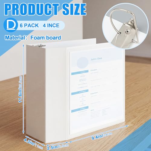 Image of Henoyso 6 Pcs 4 Inch D-Ring 3 Ring Binders with Clear Pocket, Heavy Duty Large Capacity Binder with Inside Pockets for Standard Pages 8.5 x 11, Presentation Binder for Office School(White)