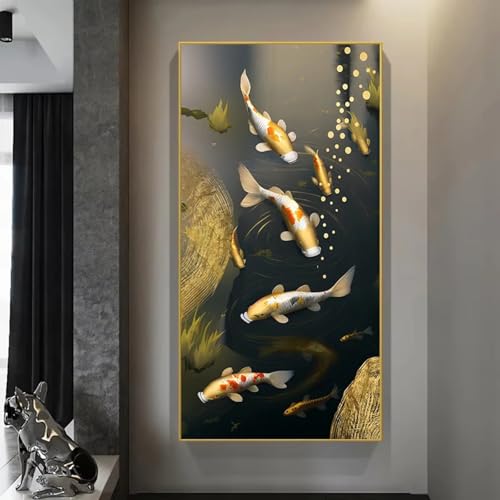Carpe koï dorée Feng Shui : une peinture sur toile pour sublimer le salon