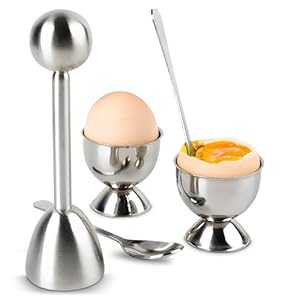 Egg Shell Opener Set – 2 Pcs Egg Cups for Soft Boiled Eggs & 2 Pcs Spoons, Rust-Resistant Stainless Steel, Fits Most Eggs Sizes – Ergonomic Design, Adjustable Effort for Effortless & Precise Cracking