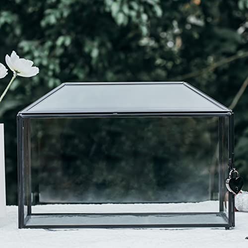 Ncyp Large Wedding Glass Card Box With Slot And Lock For Reception - 12.6X5.9X9 Inches Handmade Geometric Glass Box For Wishing Well Envelope - Birthday Party Decor, Black (Glass Box And Lock Only) #TOP2