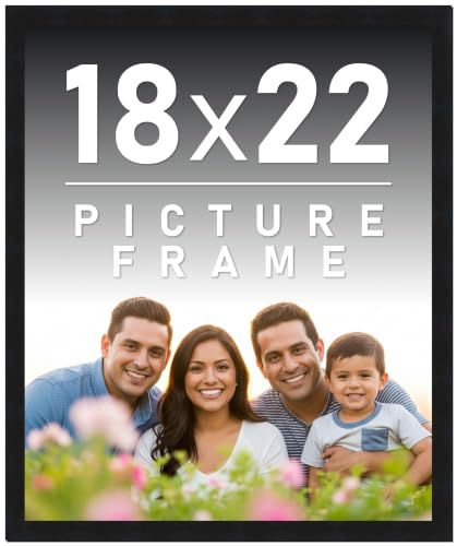 18x22 Frame Black Picture Frame - Complete Modern Photo Frame Includes UV Acrylic Shatter Guard Front, Acid Free Foam Backing Board, Hanging Hardware Wood Wall Frames for Family Photos - no Mat