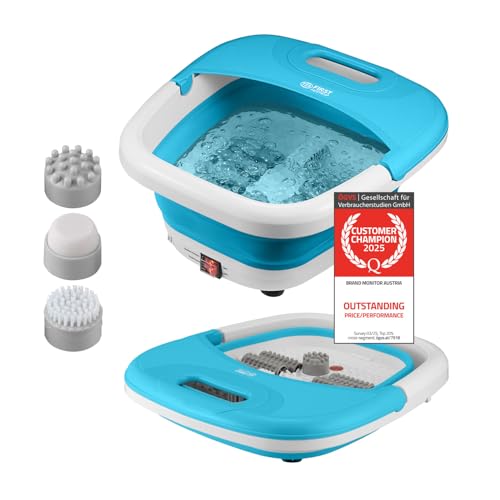 TZS First Austria pediluvio con funzione massaggio, richiudibile con serratura e set pedicure 3 pezzi, funzione riscaldamento, massaggio a bolle, rulli massaggianti - blu