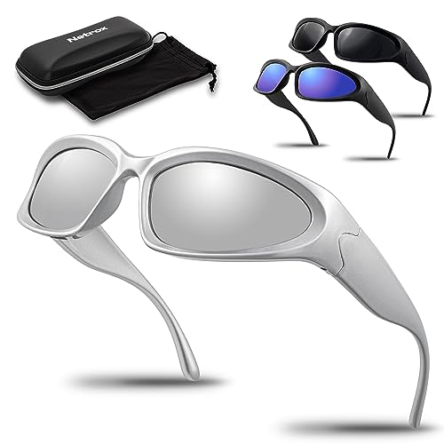 Netrox Sonnenbrille - Sportbrille mit ETUI und Mikrofaser Beutel - Sonnenbrillen verspiegeltem Glas in drei Farben UV400 Schutz - Schnelle Rave Techno Sport Brille - Damen und Herren - Silber