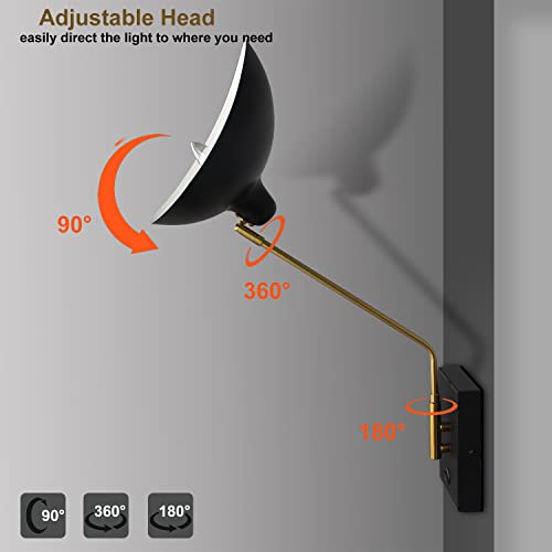 Image of CLAXY Plug in Wall Sconces Matte Black Swing Arm Wall Mount Lighting | E12 Home Wall Lights with USB Charge Port-Set of 2, Plug in or Hardwired Wall Mounted Lights for Bedroom Reading Room Living