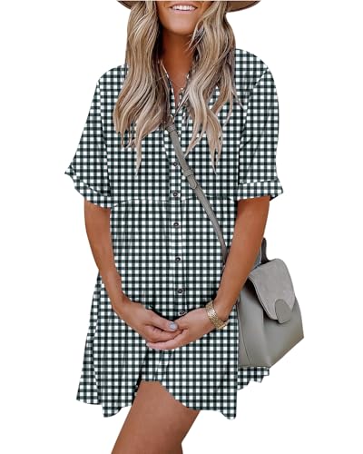 Image of PYGFEMR Women's Short Sleeve Babydoll Dress Button Down Dresses with Pockets