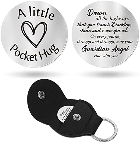 Pocket Hug Token Long Distance Relationship Keepsake Stainless Steel Double Sided Inspirational Gift with PU Leather Keychain (Drive Safe)