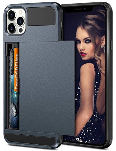Vofolen for iPhone 12 Pro Case Wallet Credit Card Holder ID Slot Sliding Door Hidden Pocket Anti-Scratch Dual Layer Hybrid Bumper Armor Protective Hard Shell Back Cover for iPhone 12 12Pro Matte Navy