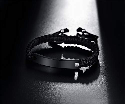 Thintom Customize Bangle Cuff Bracelet His Hers Handmade Rope Braided Id Name Matching Couples Bracelets For Lover Personalized Engrave (2Pcs-Black) #TOP1