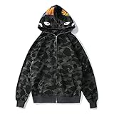 Men's Hoodie Ape Shark Mouth Full Zip Jackets Oversized Long Sleeve Coat Trendy Hip Hop Tops Full Zip Hoodie for Men GRY-L Gray