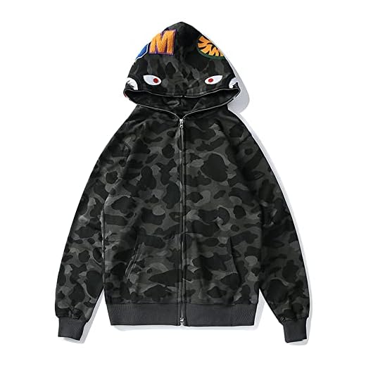 Men's Hoodie Ape Shark Mouth Full Zip Jackets Oversized Long Sleeve Coat Trendy Hip Hop Tops Full Zip Hoodie for Men GRY-L Gray