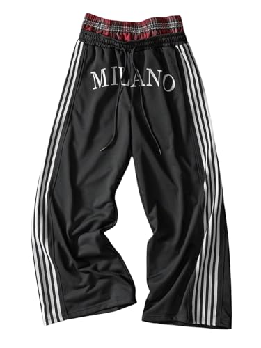 GORGLITTER Men's Double Waisted Sweatpants Baggy Y2K Plaid Patchwork Side Striped Wide Leg Track Pants
