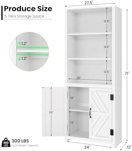 SEJOV-5 Tier Tall Bookcase with Doors Storage