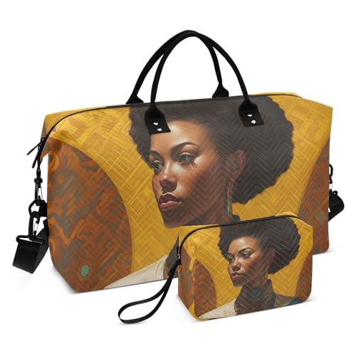 Large Travel Duffel Bag, Afro American Woman Sports Tote Gym Bag, Shoulder Weekender Overnight Bag for Women Men, Carry On Luggage with Toiletry Bags