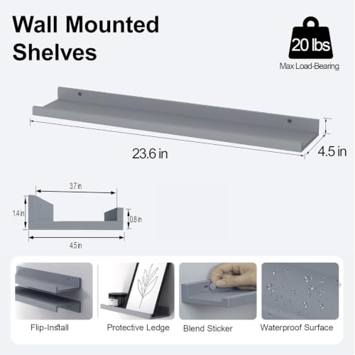 Image of Grey Floating Shelves for Wall Decor, 24 in Shelf with Lip Set of 2