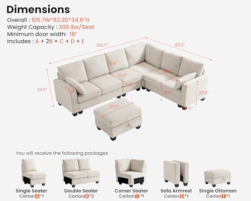 Image of CHIC HOUSE Modular Corner Sectional Sofa with Storage Ottoman, Corduroy L-Shaped Couch, Compact Small Space Furniture for Living Room & Apartment, (Beige, 7 Seater L-Shaped)