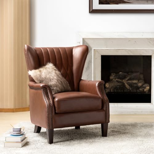 HULALA HOME Genuine Leather Wingback Club Chair, High Back Living