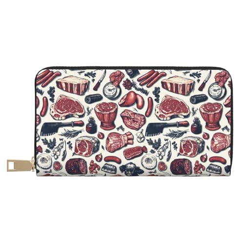 Leather Thin Slim Wallets for Women & Men - Red Meat Print Card Wallet Holder with Zipper
